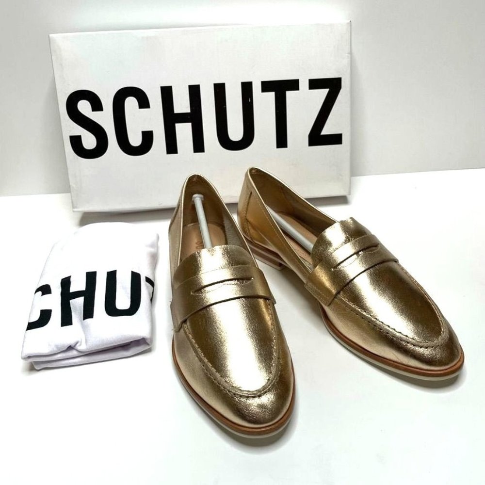 SCHUTZ WOMENS METALLIC GOLD LEATHER PENNY LOAFERS SZ 6